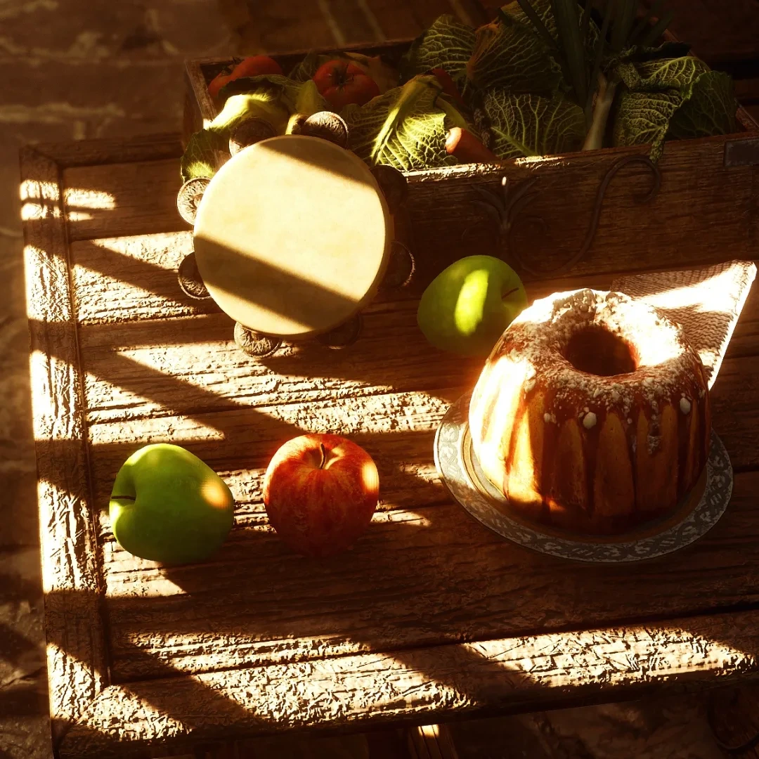 Light through slats across a market table